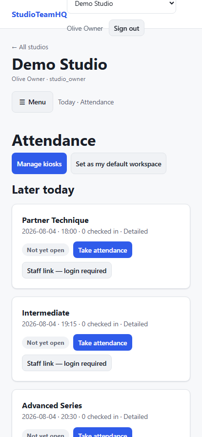 Attendance on a phone, with each student marked present or absent.