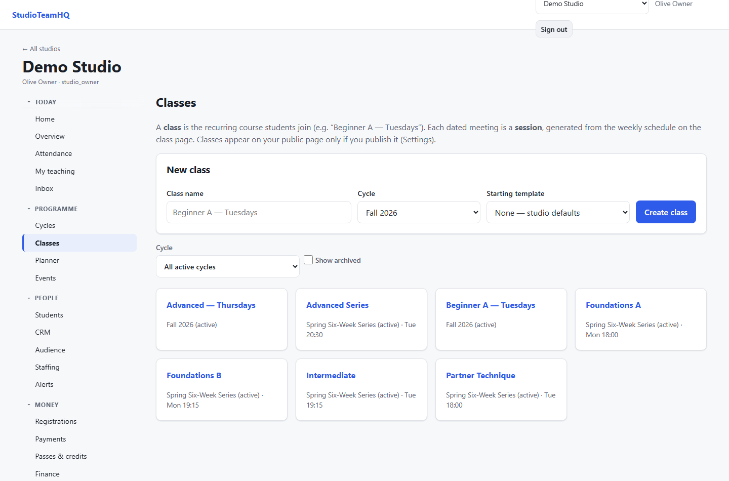 The Scene Lead classes screen, listing a term of classes with their schedules and instructors.