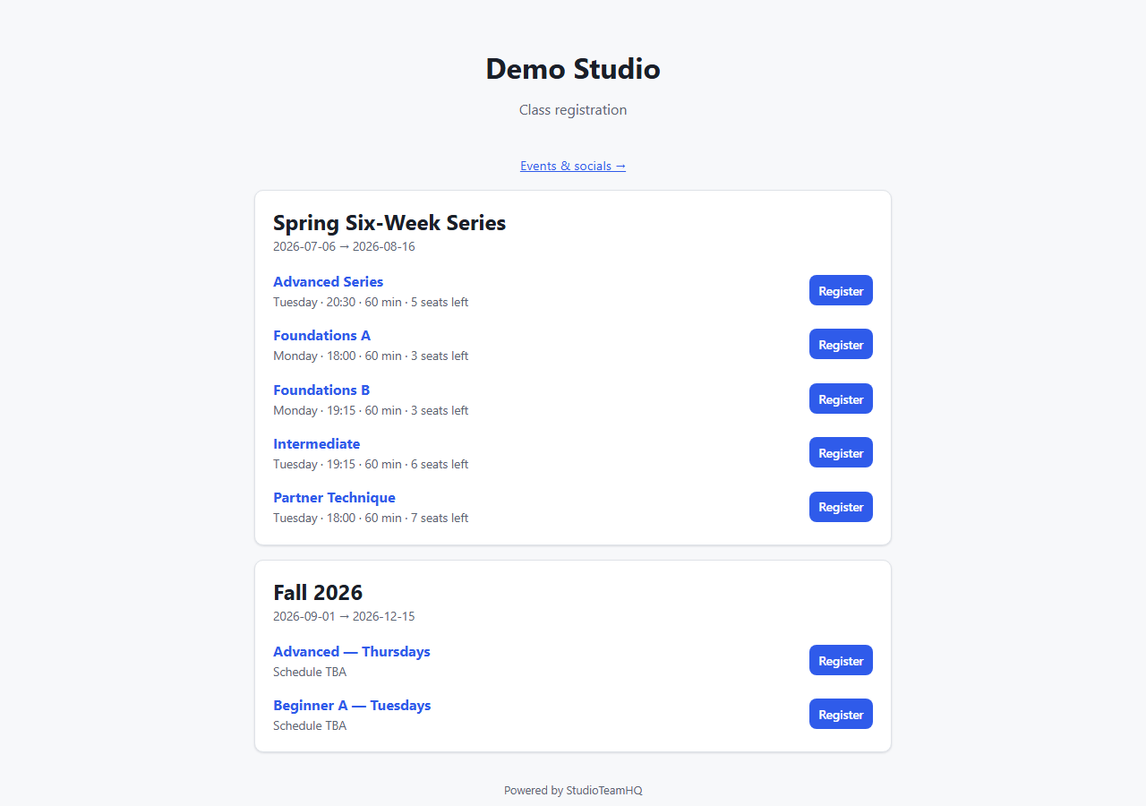 The public class-registration page Scene Lead serves for a studio, listing its classes.